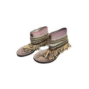 Emonk Ibiza Sandals Size 37 Fringe Leather Boho Thong Sandals Festival Artistic